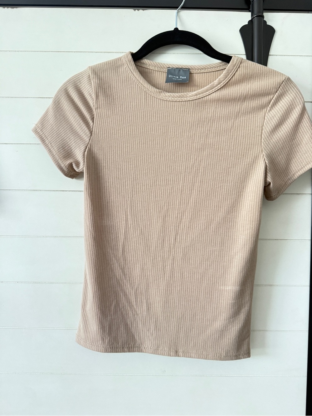Olivia Rae Ribbed Short Sleeve Tee in Light Beige
